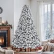 SHareconn 9ft Prelit Snow Flocked Spruce Artificial Christmas Tree with 550 Incandescent Warm White Lights SHareconn 9ft Prelit Snow Flocked Spruce Artificial Christmas Tree with 550 Incandescent Warm White Lights, Foldable Stand, Snow Flocked Full Prelighted Xmas Tree W/1810 Branch Tips, 9 FT, White