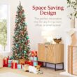 Best Choice Products 12ft Pre-lit Pencil Christmas Tree, Partially Flocked & Frosted Slim Holiday Tree Decoration, Skinny Xmas Tree, 700 Lights, 1,818 Frosted Tips, 128 Pine Cones, Foldable Stand