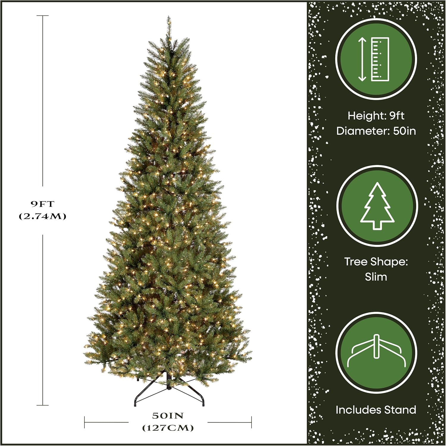 National Tree Company 9 ft Pre-lit Artificial Christmas Tree, Dunhill Fir, 800 Clear Lights National Tree Company 9 ft Pre-lit Artificial Christmas Tree, Dunhill Fir, 800 Clear Lights, 2,100 Tips, Slim Profile, Includes Stand, Green