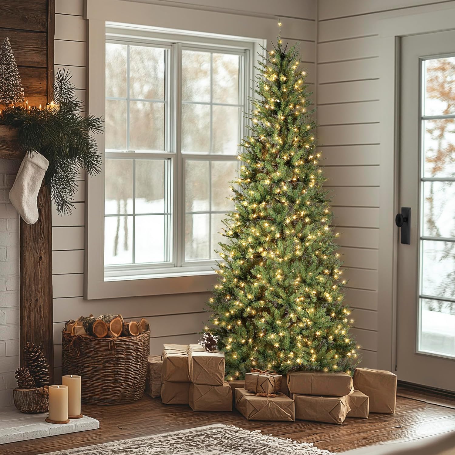 National Tree Company 9 ft Pre-lit Artificial Christmas Tree, Dunhill Fir, 800 Clear Lights National Tree Company 9 ft Pre-lit Artificial Christmas Tree, Dunhill Fir, 800 Clear Lights, 2,100 Tips, Slim Profile, Includes Stand, Green