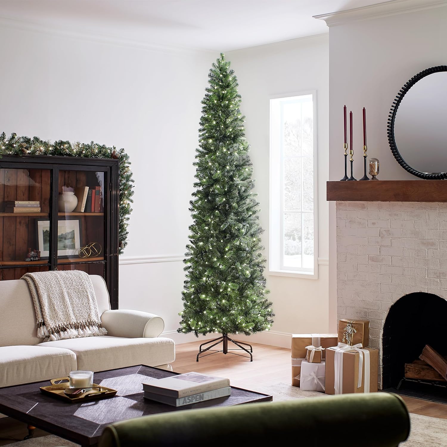 National Tree Company 9 ft Pre-Lit Downswept Douglas Fir Slim Artificial Christmas Tree,500 LED Lights National Tree Company 9 ft Pre-Lit Downswept Douglas Fir Slim Artificial Christmas Tree,500 LED Lights, 1,090 Tips, Foot Pedal, 10 Light Functions, Includes Stand, Green