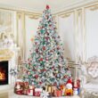 Yaheetech 9ft Pre-lit Artificial Christmas Tree with Incandescent Warm White Lights, Snow Flocked Full Prelighted Xmas Tree W/2084 Branch Tips, 900 Incandescent Lights & Foldable Stand, Green & White