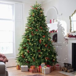 10FT Prelit Christmas Tree Tall, Artificial Christmas Tree Pre-Decorated with Pinecones and Berries (1000 Clear Warm Lights and Realistic 3200 Thicken Tips, Sturdy Metal Base)