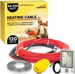 Floor Heating Cable 120V - 64-120 sq ft Heated Floor System, Underfloor Electric Heat Cable Warmer, Radiant Heated Flooring System for Tile with 7-Day/4 Event Programmable GFCI Thermostat, Made in USA