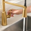 Moen Edwyn Brushed Gold Single Handle Deck-mount Pull-down Kitchen Faucet with Sprayer (Includes Deck Plate) (Includes Soap Dispenser)