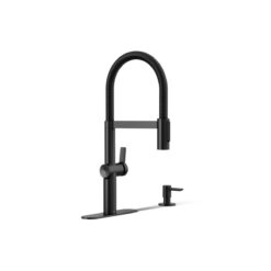 KOHLER Koi Pre-Rinse Spring Matte Black Single Handle Deck-mount Pull-down Kitchen Faucet with Sprayer (Includes Deck Plate) (Includes Soap Dispenser)