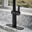 KOHLER Koi Pre-Rinse Spring Matte Black Single Handle Deck-mount Pull-down Kitchen Faucet with Sprayer (Includes Deck Plate) (Includes Soap Dispenser)