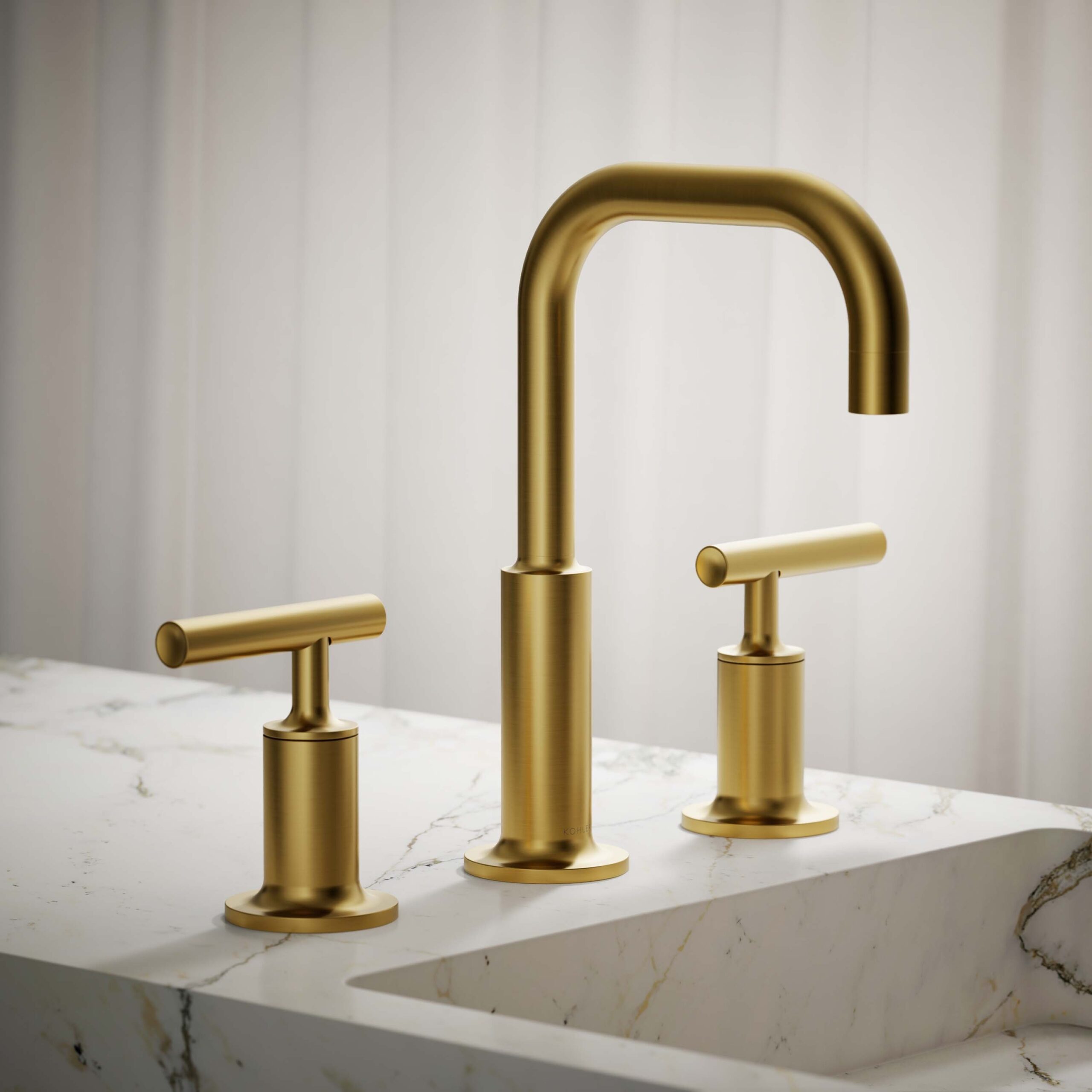 KOHLER Purist Vibrant Brushed Moderne Brass Widespread 2-handle WaterSense High-arc Commercial/Residential Handle Bathroom Sink Faucet with Drain KOHLER Purist Vibrant Brushed Moderne Brass Widespread 2-handle WaterSense High-arc Commercial/Residential Handle Bathroom Sink Faucet with Drain