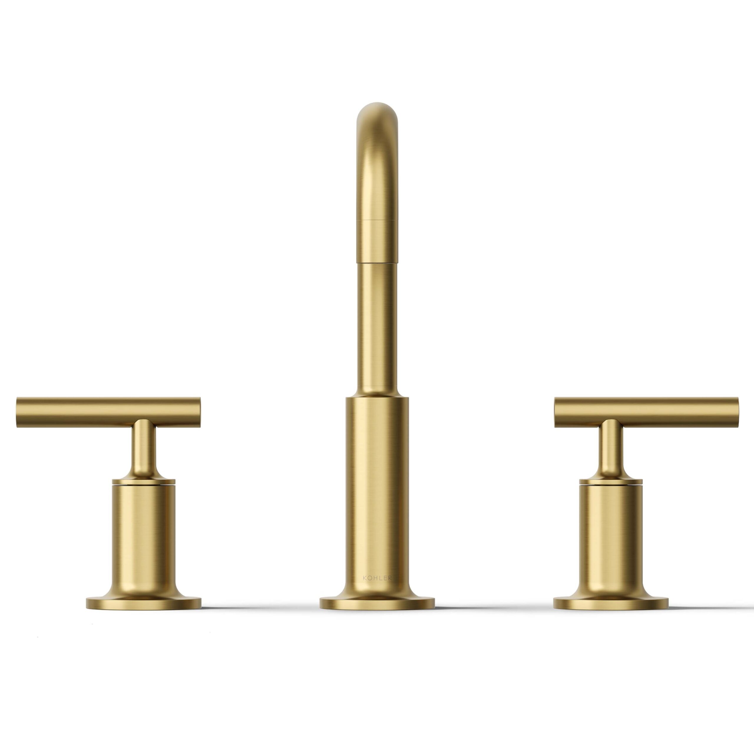 KOHLER Purist Vibrant Brushed Moderne Brass Widespread 2-handle WaterSense High-arc Commercial/Residential Handle Bathroom Sink Faucet with Drain KOHLER Purist Vibrant Brushed Moderne Brass Widespread 2-handle WaterSense High-arc Commercial/Residential Handle Bathroom Sink Faucet with Drain