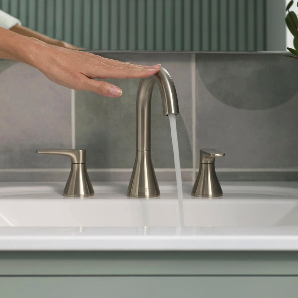 American Standard Aspirations BRUSHED NICKEL Widespread 2-handle WaterSense High-arc Residential Handle Bathroom Sink Faucet with Drain American Standard Aspirations BRUSHED NICKEL Widespread 2-handle WaterSense High-arc Residential Handle Bathroom Sink Faucet with Drain