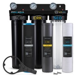 PRO+AQUA Elite Series GEN2 PRO-100-E 3-Stage Whole House Water Filtration System for City & Well Water with Pressure Gauges Reduces Contaminants, Sediment, Chemicals, Heavy Metals, with 1 Ports