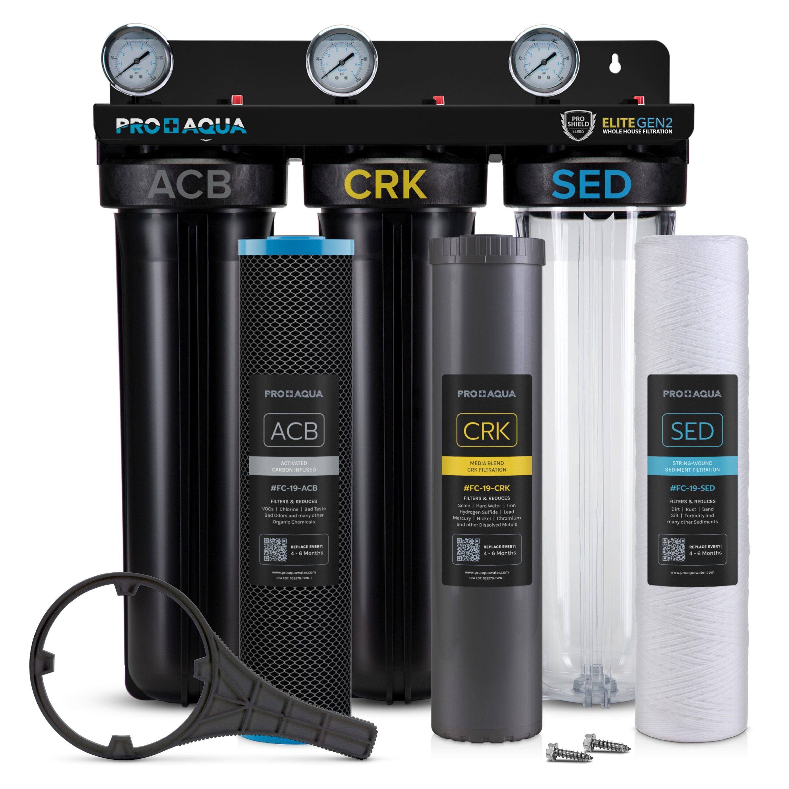 PRO+AQUA Elite Series GEN2 PRO-100-E 3-Stage Whole House Water Filtration System PRO+AQUA Elite Series GEN2 PRO-100-E 3-Stage Whole House Water Filtration System for City & Well Water with Pressure Gauges Reduces Contaminants, Sediment, Chemicals, Heavy Metals, with 1 Ports