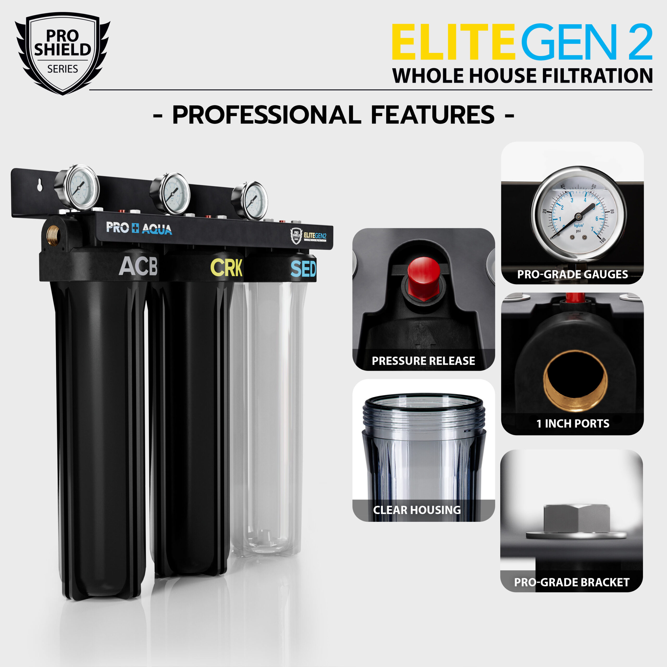 PRO+AQUA Elite Series GEN2 PRO-100-E 3-Stage Whole House Water Filtration System PRO+AQUA Elite Series GEN2 PRO-100-E 3-Stage Whole House Water Filtration System for City & Well Water with Pressure Gauges Reduces Contaminants, Sediment, Chemicals, Heavy Metals, with 1 Ports