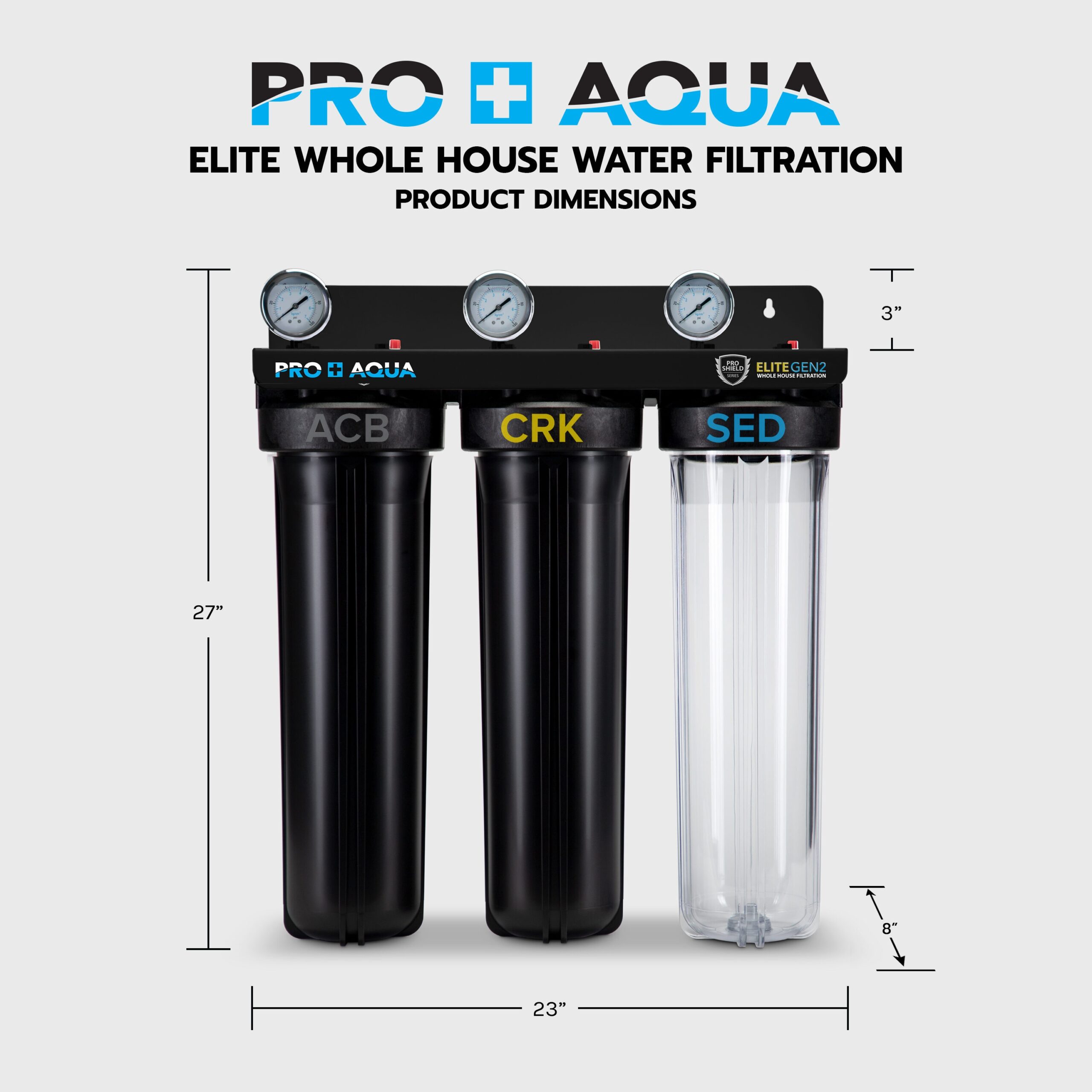 PRO+AQUA Elite Series GEN2 PRO-100-E 3-Stage Whole House Water Filtration System PRO+AQUA Elite Series GEN2 PRO-100-E 3-Stage Whole House Water Filtration System for City & Well Water with Pressure Gauges Reduces Contaminants, Sediment, Chemicals, Heavy Metals, with 1 Ports