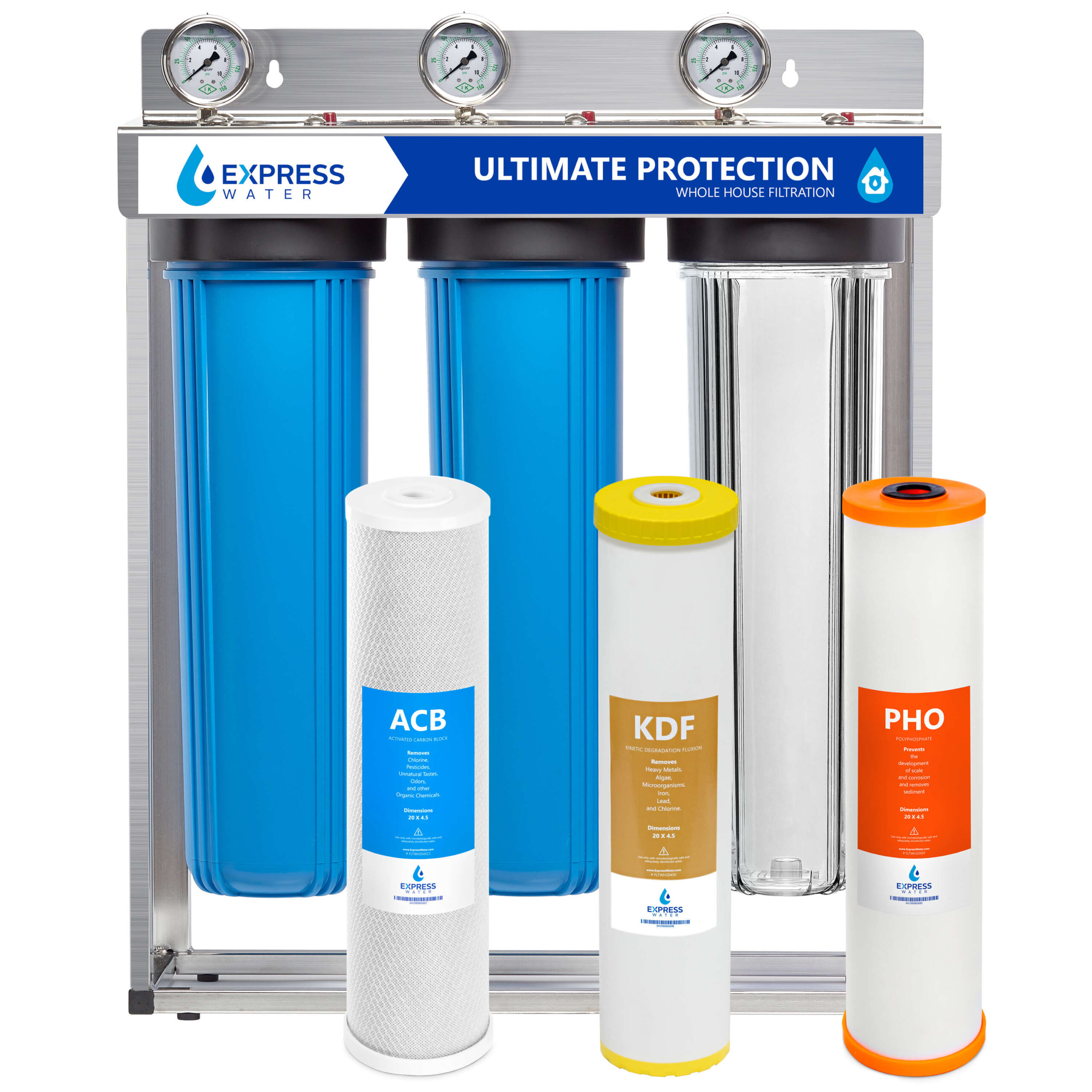 Express Water Carbon, Heavy Metal, and Anti-Scale Whole House Water Filtration System Triple-Stage 15-GPM 5 Micron Express Water Carbon, Heavy Metal, and Anti-Scale Whole House Water Filtration System Triple-Stage 15-GPM 5 Micron