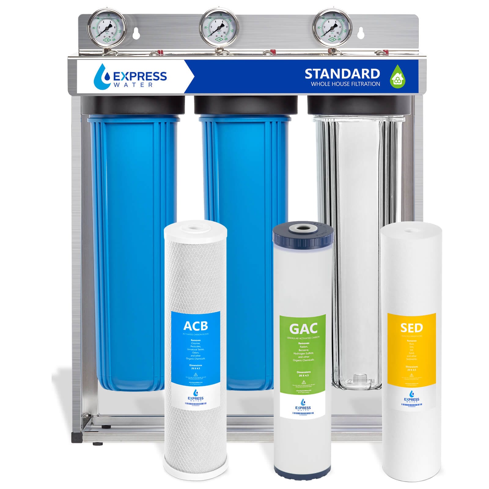 Express Water Carbon and Sediment with Clear Housing Whole House Water Filtration System Triple-Stage 15-GPM 5 Micron Express Water Carbon and Sediment with Clear Housing Whole House Water Filtration System Triple-Stage 15-GPM 5 Micron