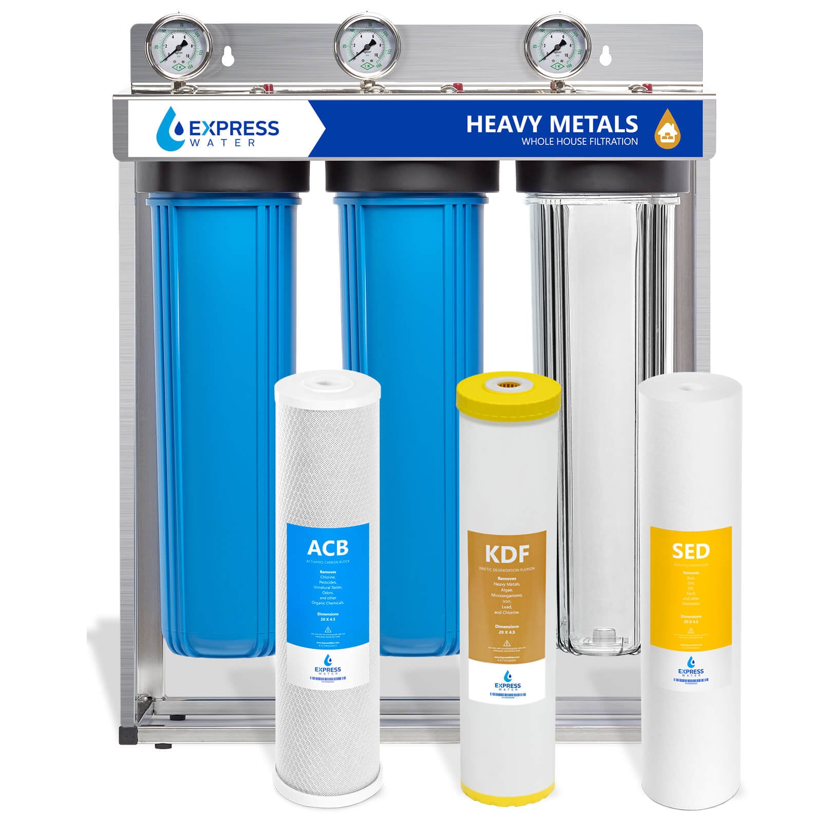 Express Water Carbon, Heavy Metal, and Sediment with Clear Housing Whole House Water Filtration System Triple-Stage 15-GPM 5 Micron Express Water Carbon, Heavy Metal, and Sediment with Clear Housing Whole House Water Filtration System Triple-Stage 15-GPM 5 Micron