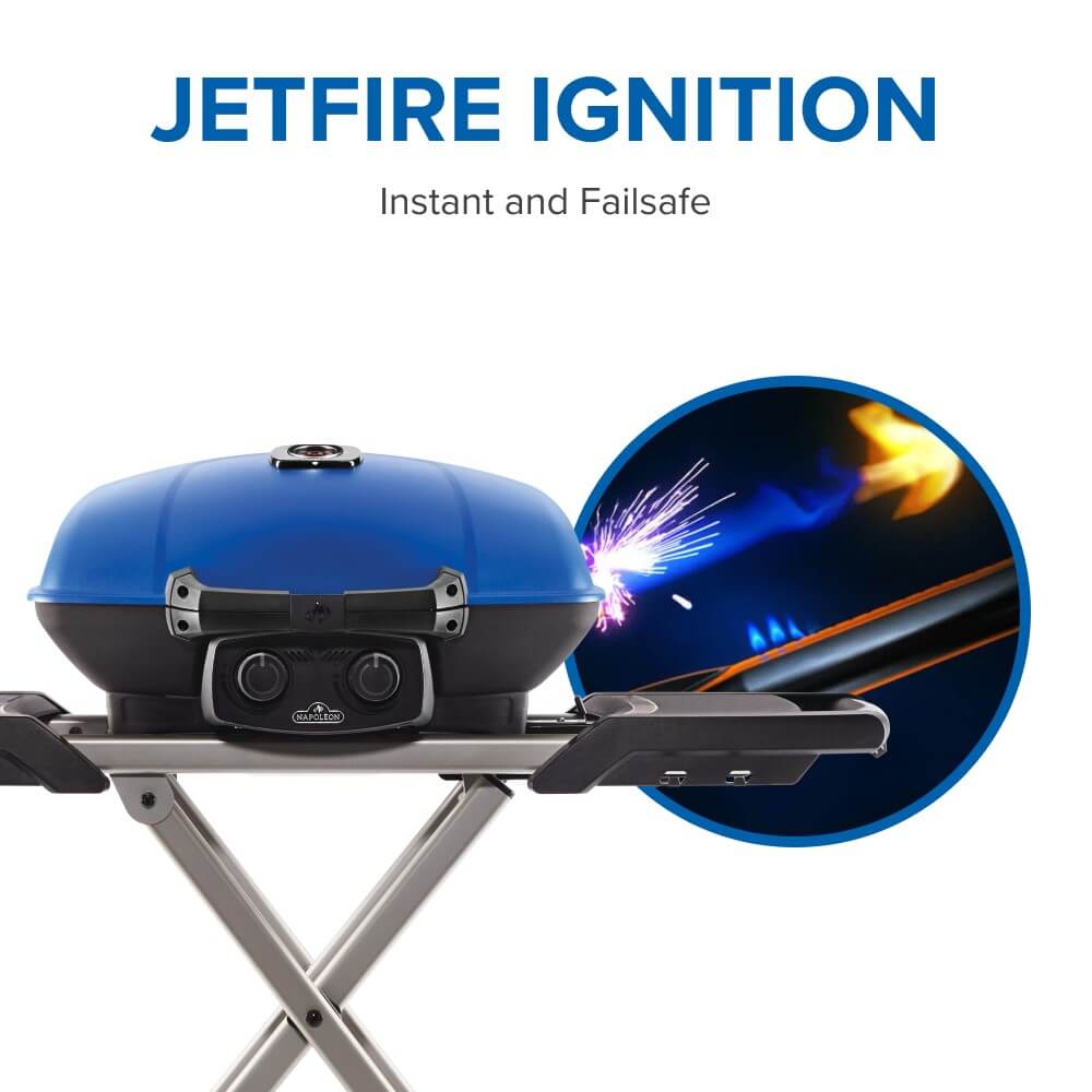 NAPOLEON TravelQ Scissor Cart 285-Sq. in Blue Portable Liquid propane Grill NAPOLEON TravelQ Scissor Cart 285-Sq. in Blue Portable Liquid propane Grill