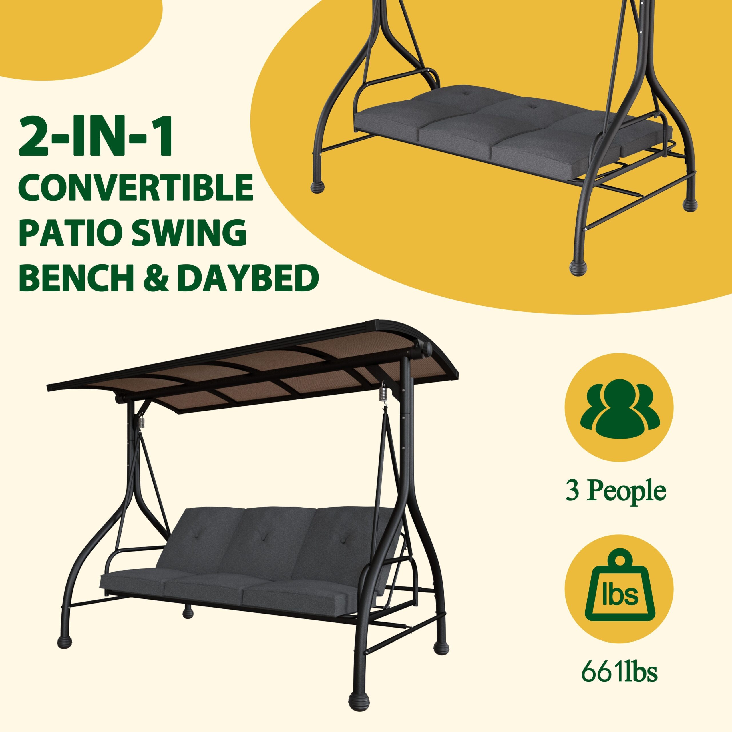 VEIKOUS PC Roof 3 -person Gray Steel Outdoor Swing bed VEIKOUS PC Roof 3 -person Gray Steel Outdoor Swing bed