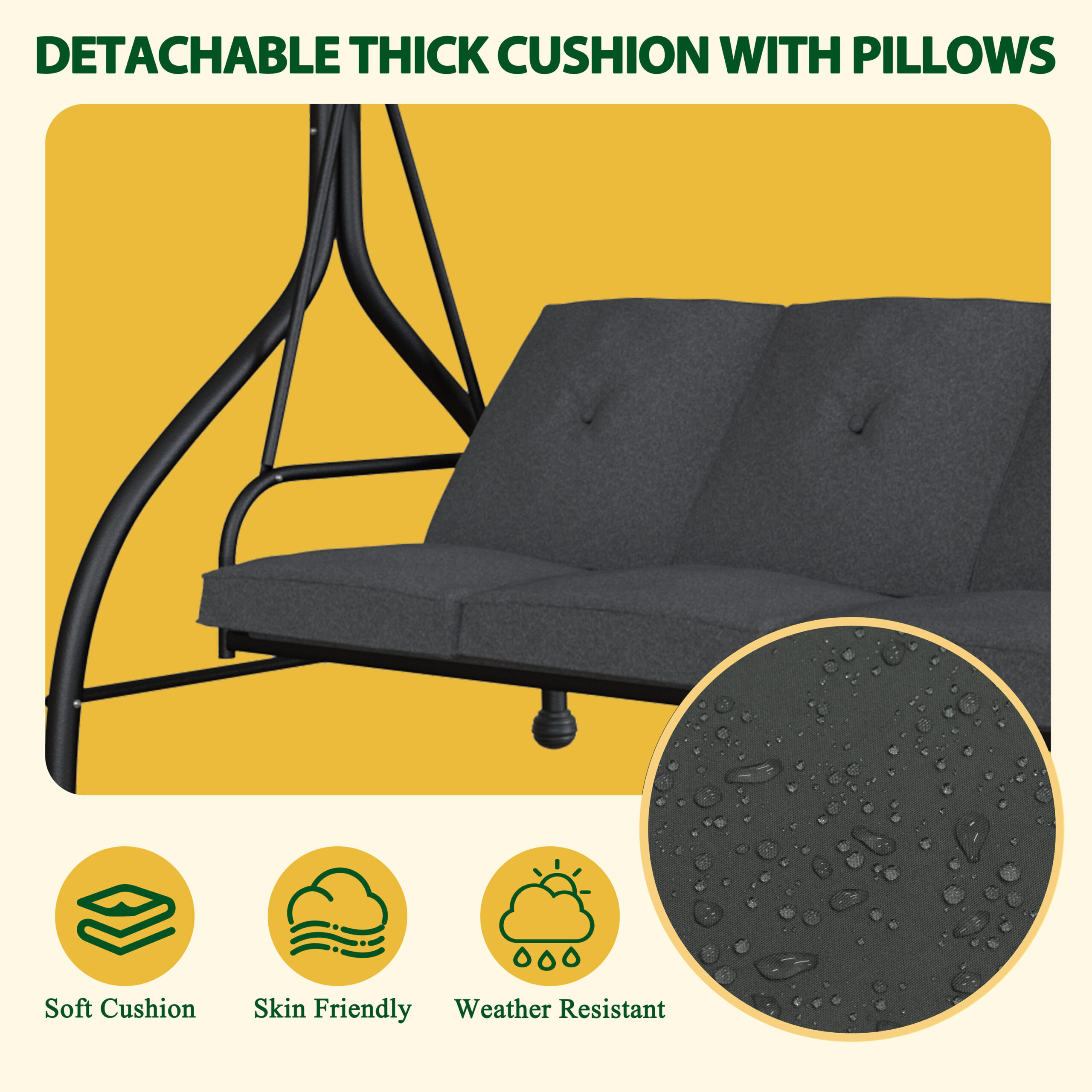 VEIKOUS PC Roof 3 -person Gray Steel Outdoor Swing bed VEIKOUS PC Roof 3 -person Gray Steel Outdoor Swing bed