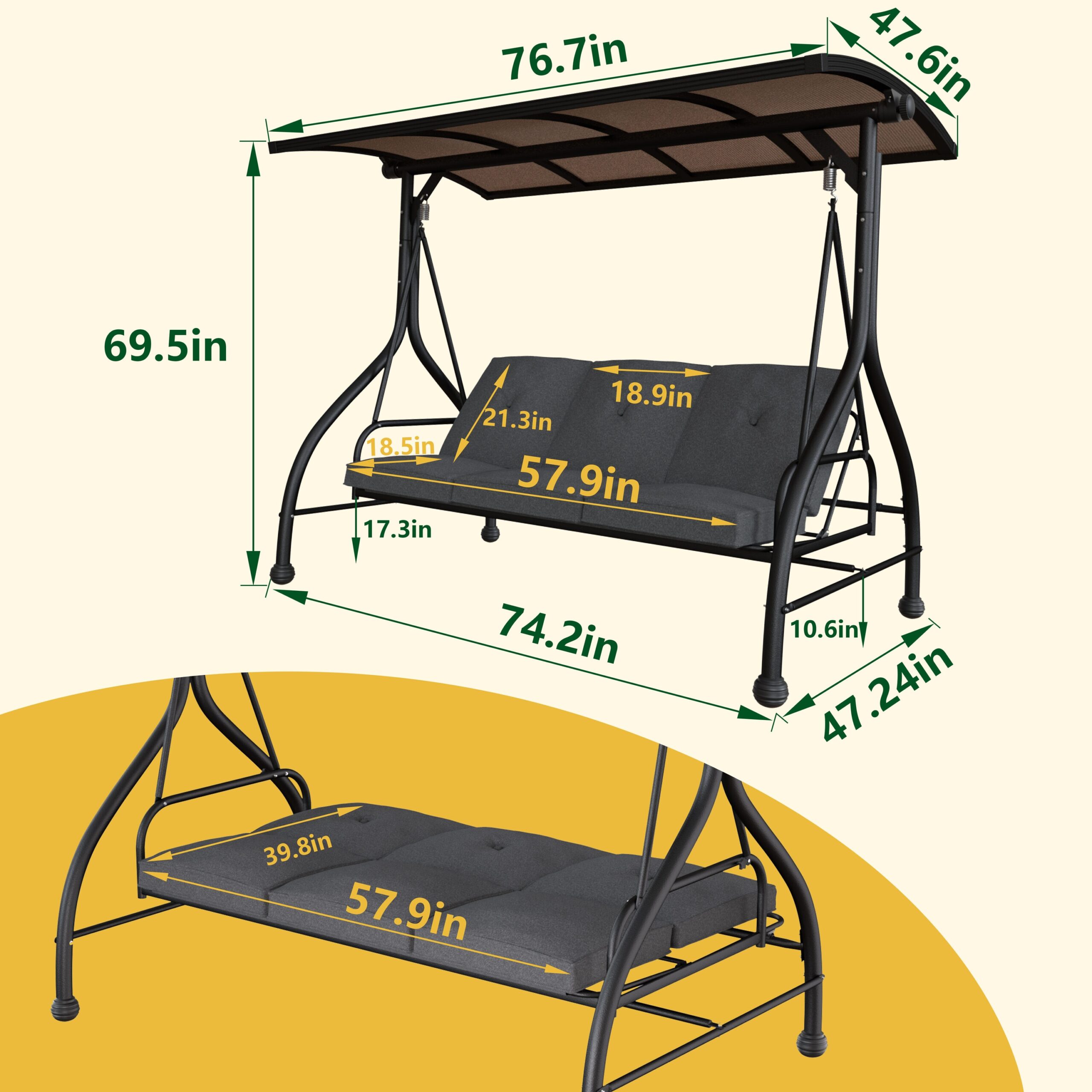 VEIKOUS PC Roof 3 -person Gray Steel Outdoor Swing bed VEIKOUS PC Roof 3 -person Gray Steel Outdoor Swing bed