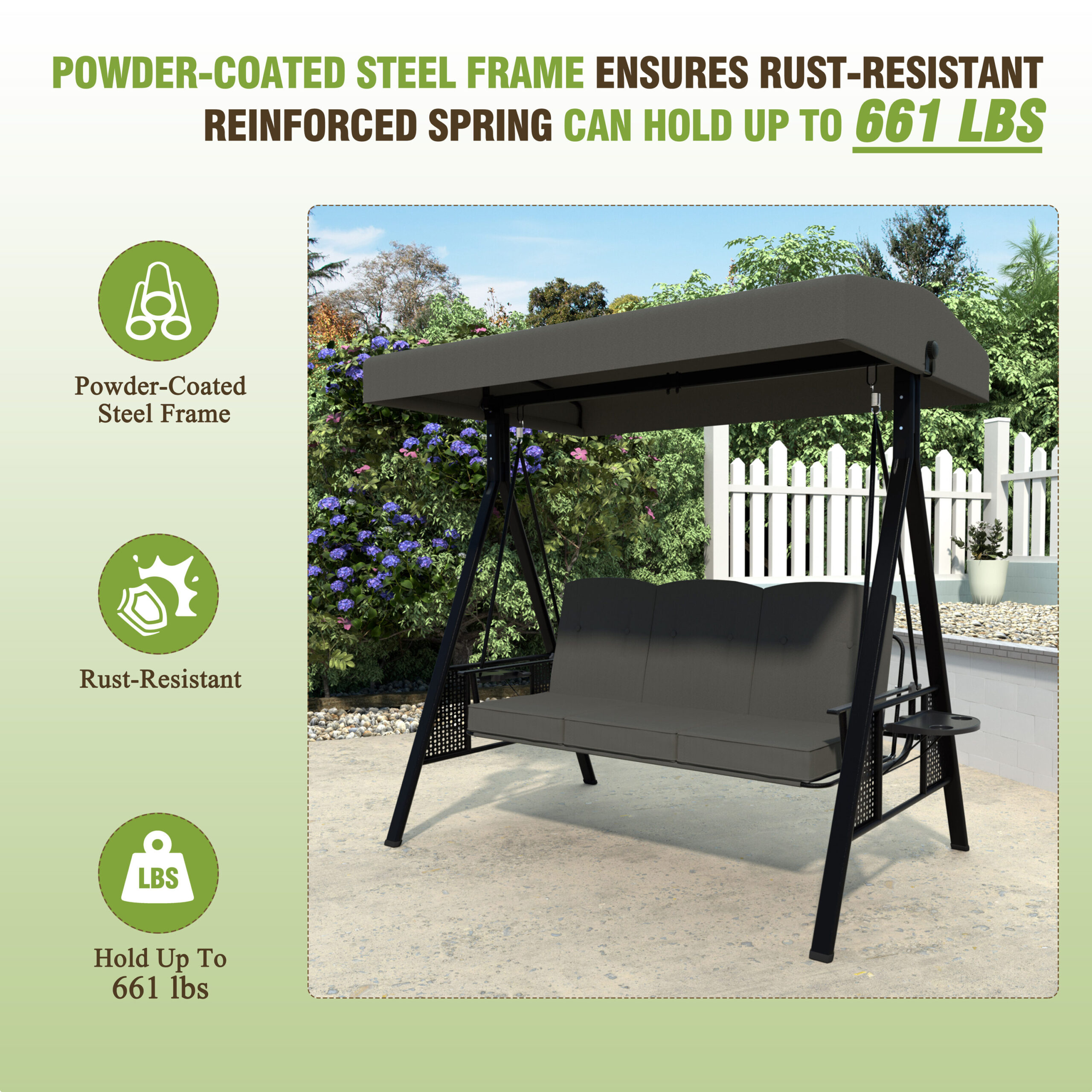 VEIKOUS Included side trays 3 -person Dark Gray Outdoor Swing VEIKOUS Included side trays 3 -person Dark Gray Outdoor Swing