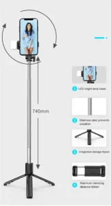 Portable Bluetooth Selfie, Stick Tripod Holder with Remote Shutter, Fill Light Extendable Wireless Remote, Retractable Phone Stand