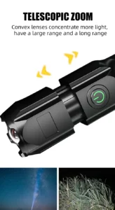 LED Camping Torch Flashlight, High Power, Rechargeable USB Spotlight, Zoom Lantern, Built-in Battery, for Fishing, Outdoor, Waterproof