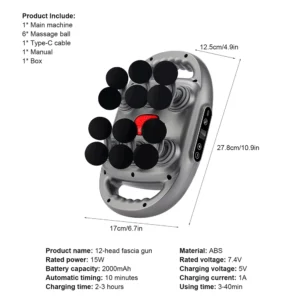 Professional Deep Tissue Massage Gun 12 Heads 9 Speeds - 42kg Thrust High Power Percussion Muscle Massager for Back & Neck Pain Relief - Cordless