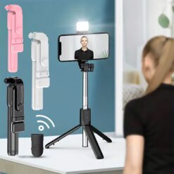 Portable Bluetooth Selfie, Stick Tripod Holder with Remote Shutter, Fill Light Extendable Wireless Remote, Retractable Phone Stand
