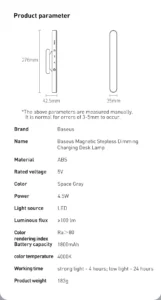 Baseus Night Light, Hanging Magnetic LED Table Lamp, Stepless Dimming Desk Lamp, Rechargeable for Cabinet, Bedroom, Kitchen Light
