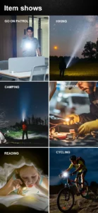 LED Camping Torch Flashlight, High Power, Rechargeable USB Spotlight, Zoom Lantern, Built-in Battery, for Fishing, Outdoor, Waterproof