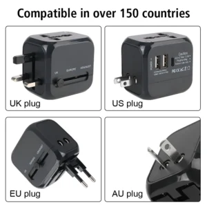All-in-One Wall Travel Charger Adapter, US, EU, UK, AU Plugs with 2 USB & 1 Type C, Universal for Travel