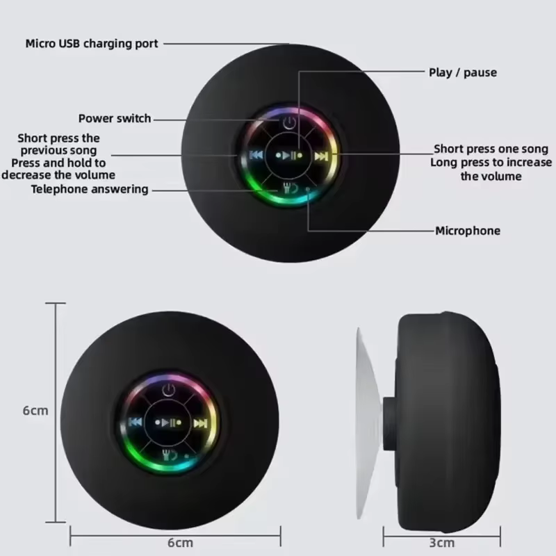 Bathroom Waterproof Wireless LED Suction Cup Mini Bluetooth Speaker, Portable Outdoor Sports Stereo Speakers, Black Bathroom Waterproof Wireless LED Suction Cup Mini Bluetooth Speaker, Portable Outdoor Sports Stereo Speakers, Black - Image 5