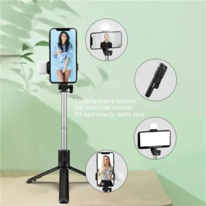 Portable Bluetooth Selfie, Stick Tripod Holder with Remote Shutter, Fill Light Extendable Wireless Remote, Retractable Phone Stand