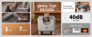 F6 Open-Top Self Cleaning Litter Box - Automatic Cat Toilet with Safety Sensors & Odor Control - No-Pinch Design