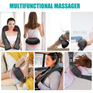 Rmssim Shiatsu Neck Back Massager with Heat - 3D Deep Kneading Massage Pillow for Shoulder Pain Relief - Home & Car Use Adapter