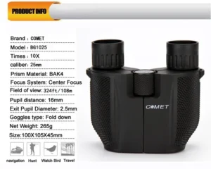 COMET Binoculars 10X25, Long Range Pocket HD Telescope, Folding Compact BAK4 Prism Binocular, Optical Scope FMC Lens for Hunting