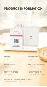 Niimbot D110 Mini Portable Thermal Printer, Without Ink, Self-Adhesive Label Maker, Labeling Machine, D110- M With 1 Roll