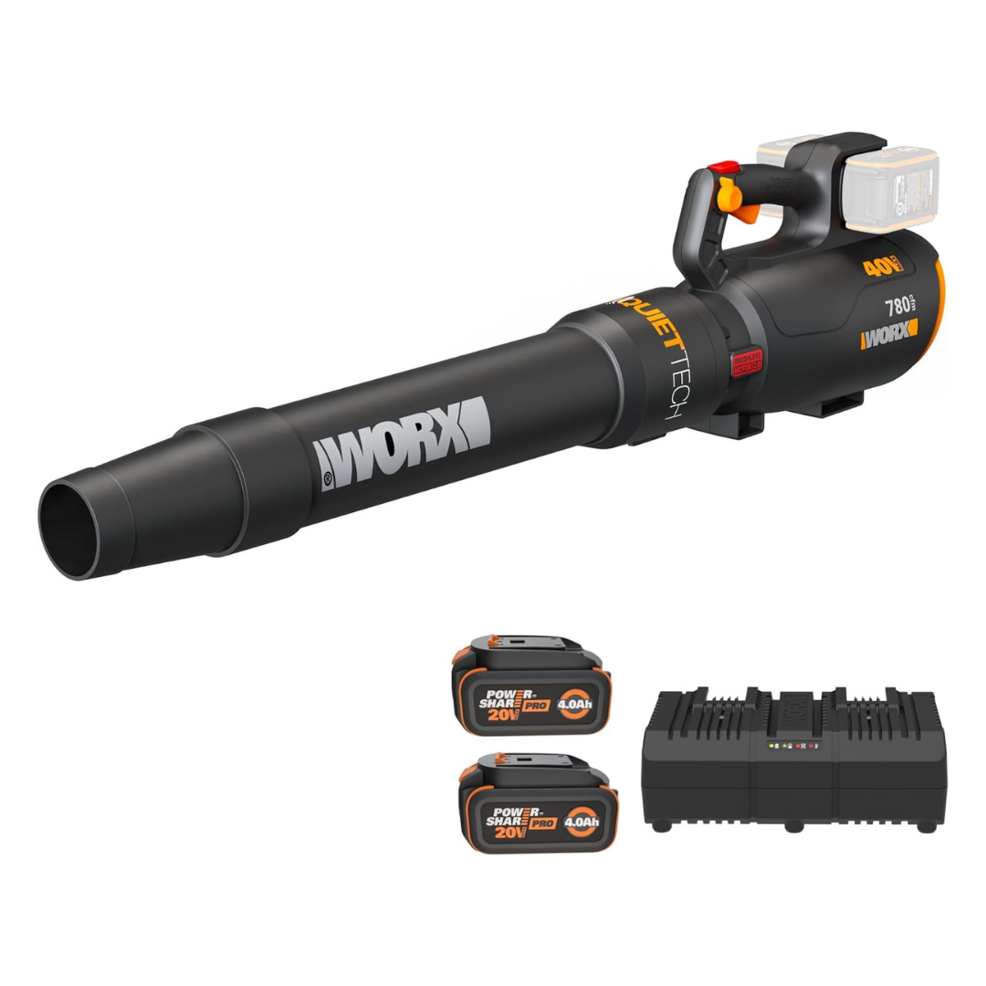 WORX Cordless Leaf Blower, 40V Electric Blower with 780CFM & 190MPH, Brushless Lawn Blower with Gas-Like Power & 57dB, 2 Batteries & Charger Included, WG582 WORX Cordless Leaf Blower, 40V Electric Blower with 780CFM & 190MPH, Brushless Lawn Blower with Gas-Like Power & 57dB, 2 Batteries & Charger Included, WG582