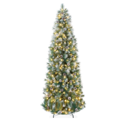 Best Choice Products 12ft Pre-lit Pencil Christmas Tree, Frosted Scotch Pine Slim Holiday Tree Decoration