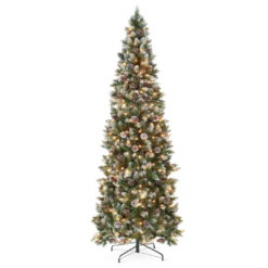 Best Choice Products 12ft Pre-lit Pencil Christmas Tree, Partially Flocked & Frosted Slim Holiday Tree Decoration