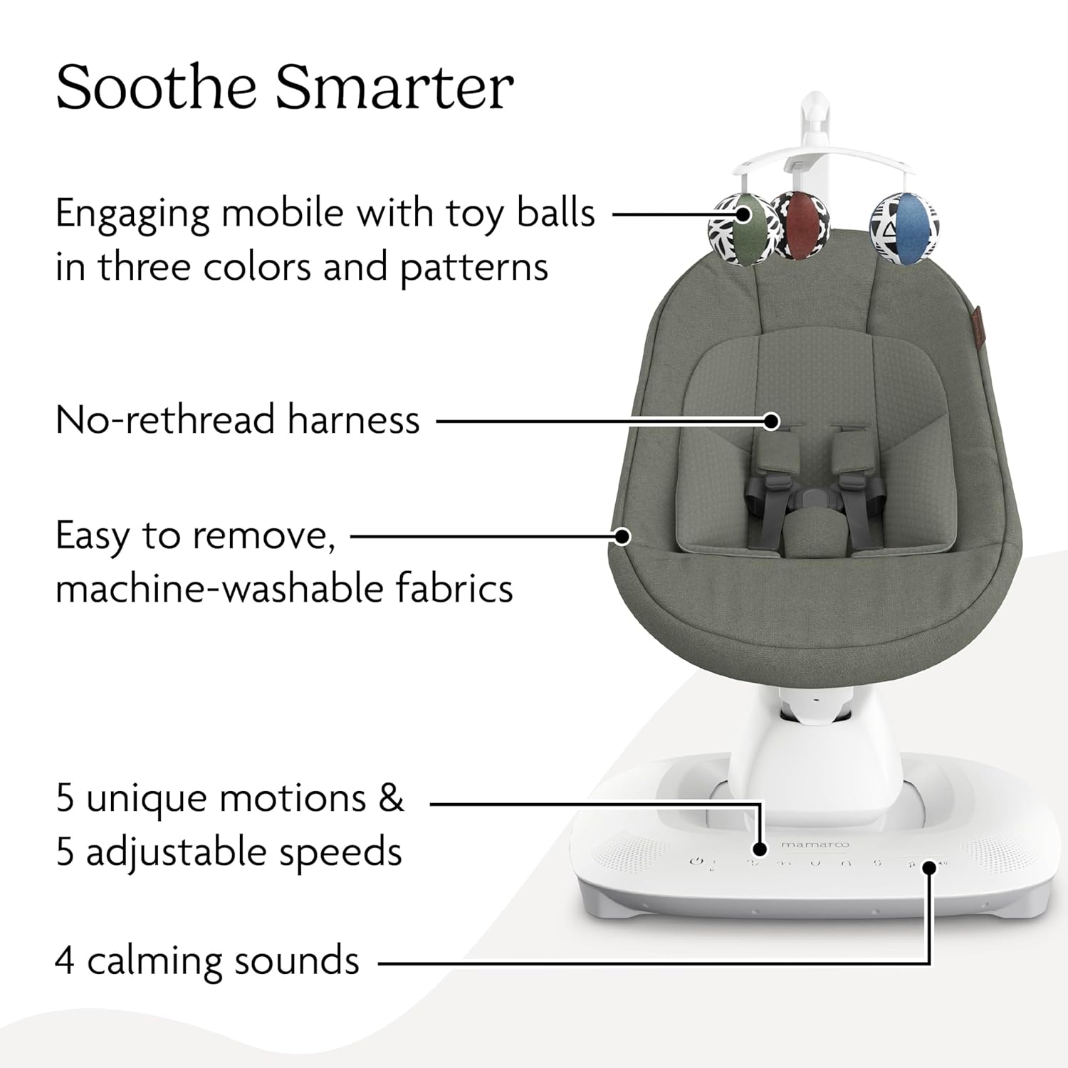 UPPAbaby Mamaroo Smart Swing – Customizable Soothing Modes with MotionSync Technology – Camila (Dark Green Mélange) UPPAbaby Mamaroo Smart Swing – Customizable Soothing Modes with MotionSync Technology – Infant Recline + Bluetooth Enabled – Included Newborn Insert – Camila (Dark Green Mélange)