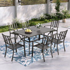 Sunshine Valley Outdoor Table and Chairs 7 -Piece Black Patio Dining Set Steel Rectangle Table with 6 Stackable Stationary Chairs