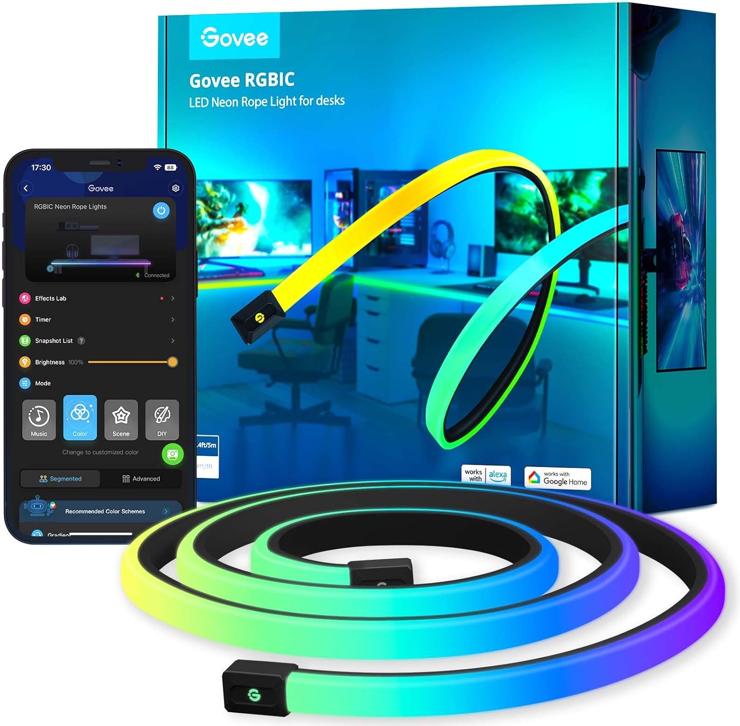 Govee RGBIC Neon Rope Lights for Desks, 16.4ft LED Gaming Desk Lights, Neon LED Strip Lights Syncing Govee RGBIC Neon Rope Lights for Desks, 16.4ft LED Gaming Desk Lights, Neon LED Strip Lights Syncing with Razer Chroma, Support Cutting, Smart App Control, Music Sync, Adapter (Only 2.4G Wi-Fi)