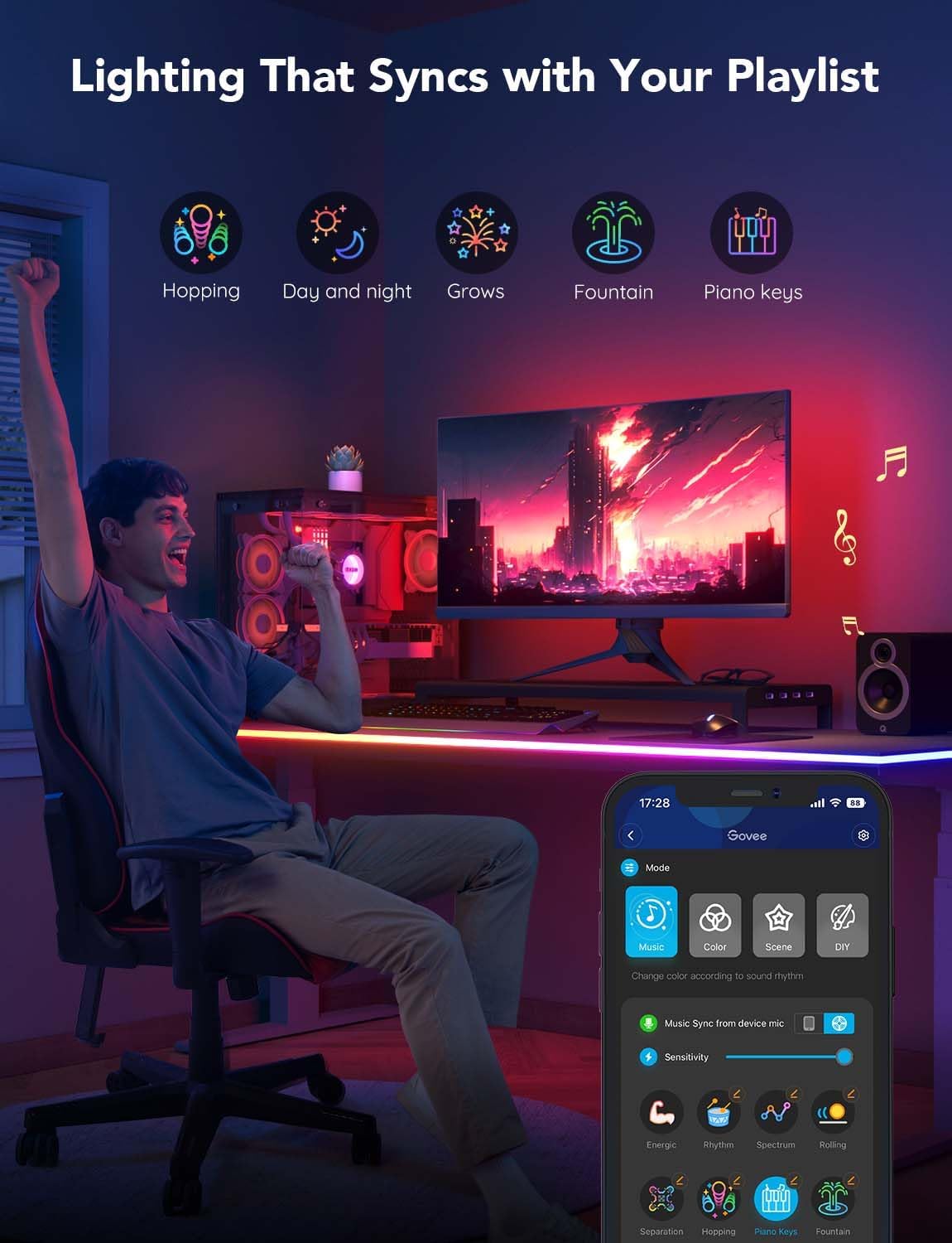 Govee RGBIC Neon Rope Lights for Desks, 16.4ft LED Gaming Desk Lights, Neon LED Strip Lights Syncing Govee RGBIC Neon Rope Lights for Desks, 16.4ft LED Gaming Desk Lights, Neon LED Strip Lights Syncing with Razer Chroma, Support Cutting, Smart App Control, Music Sync, Adapter (Only 2.4G Wi-Fi)