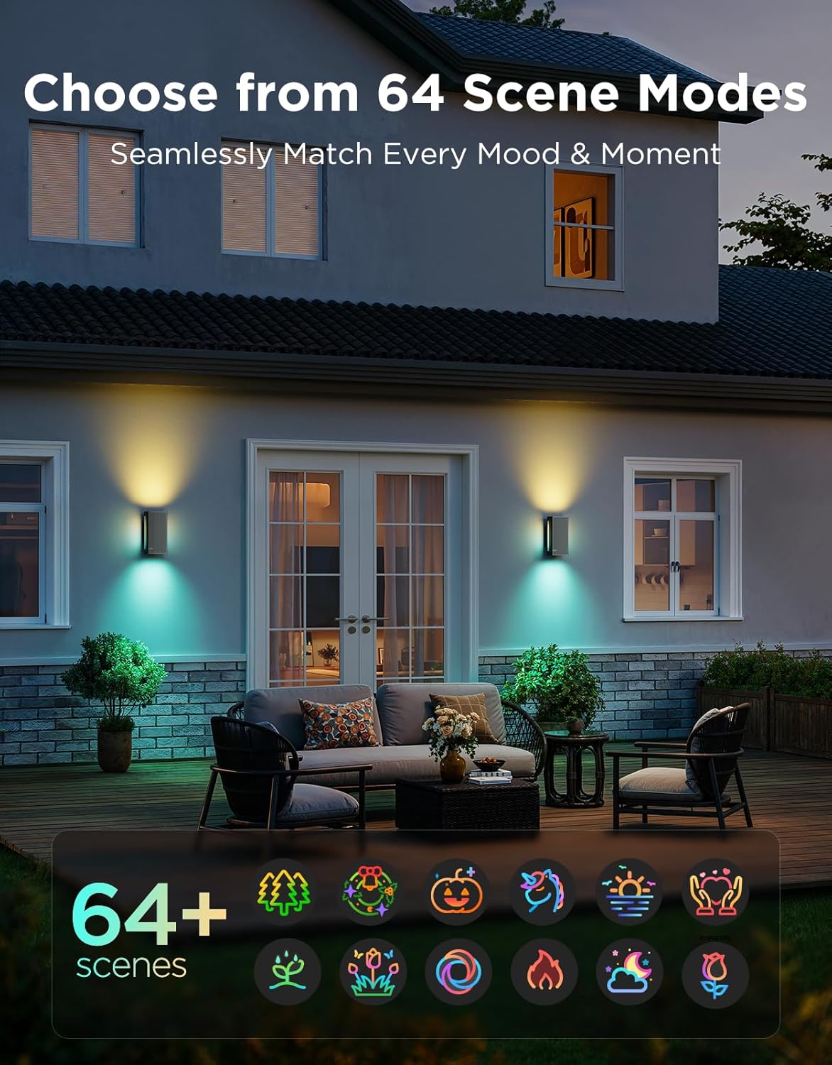Govee Outdoor UpDown Wall Light, 2 Pack, 1200LM RGBICWW Smart Porch Lights Outdoor with 64 Scene Modes Govee Outdoor UpDown Wall Light, 2 Pack, 1200LM RGBICWW Smart Porch Lights Outdoor with 64 Scene Modes, IP66 Waterproof Wall Sconce for Outdoor Decor, Works with Alexa, Google Assistant and Matter