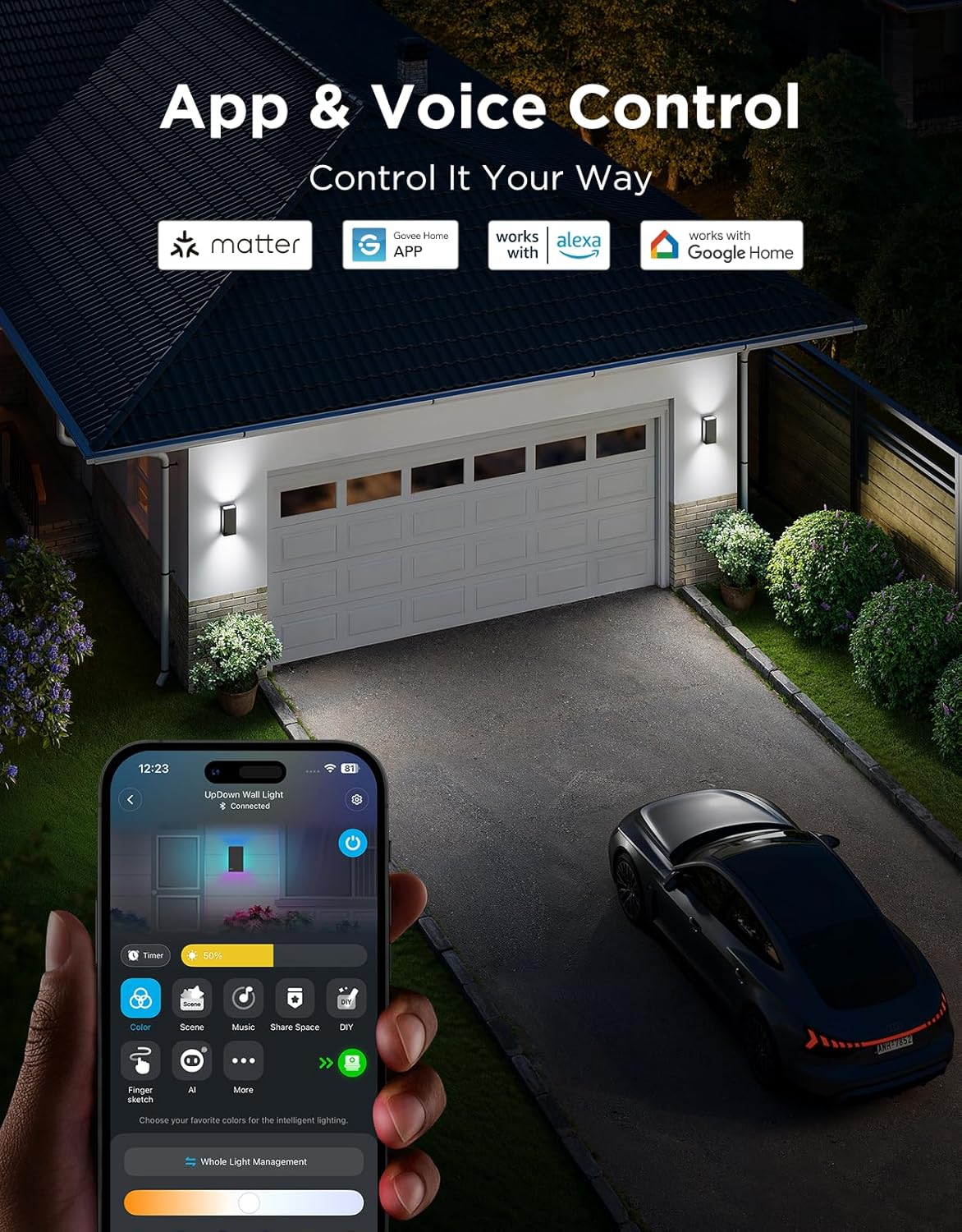 Govee Outdoor UpDown Wall Light, 2 Pack, 1200LM RGBICWW Smart Porch Lights Outdoor with 64 Scene Modes Govee Outdoor UpDown Wall Light, 2 Pack, 1200LM RGBICWW Smart Porch Lights Outdoor with 64 Scene Modes, IP66 Waterproof Wall Sconce for Outdoor Decor, Works with Alexa, Google Assistant and Matter