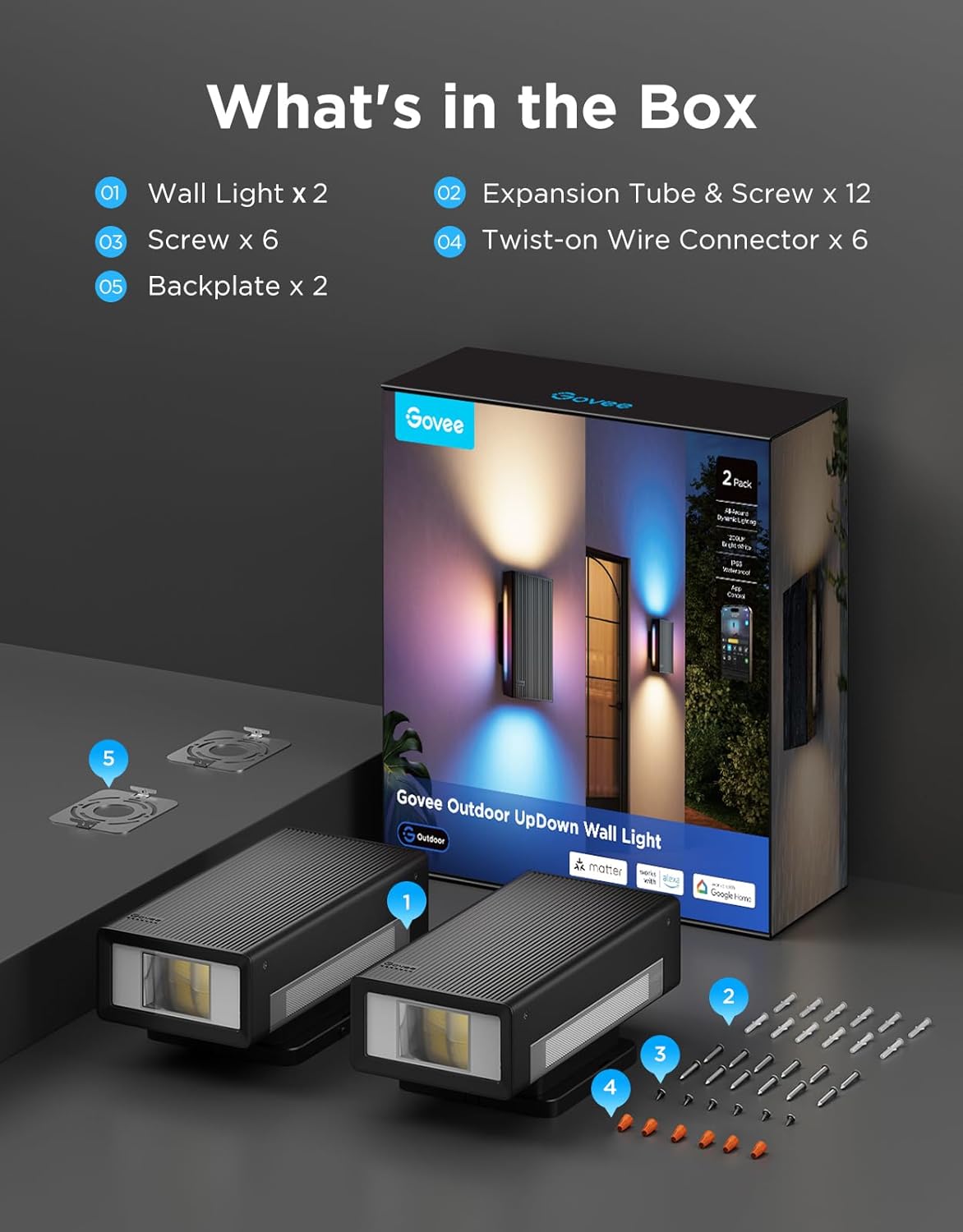 Govee Outdoor UpDown Wall Light, 2 Pack, 1200LM RGBICWW Smart Porch Lights Outdoor with 64 Scene Modes Govee Outdoor UpDown Wall Light, 2 Pack, 1200LM RGBICWW Smart Porch Lights Outdoor with 64 Scene Modes, IP66 Waterproof Wall Sconce for Outdoor Decor, Works with Alexa, Google Assistant and Matter
