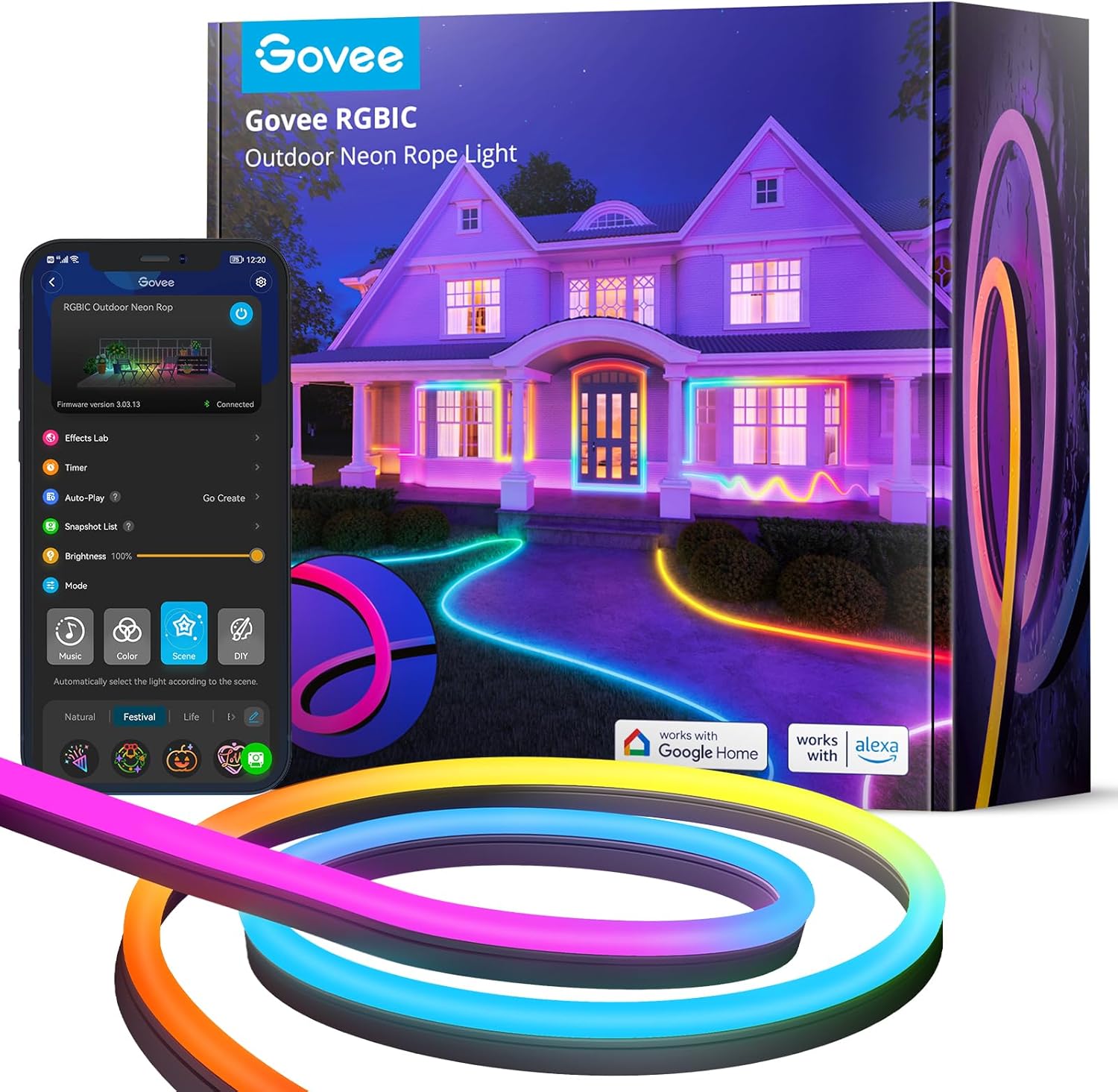 Govee Outdoor Neon Rope Lights, 32.8ft RGBIC IP67 Waterproof Patio Decorations with 64 Scene Modes, Music Sync, Flexible LED Outdoor Lights, Neon Lights Work with Alexa, Google Assistant Govee Outdoor Neon Rope Lights, 32.8ft RGBIC IP67 Waterproof Patio Decorations with 64 Scene Modes, Music Sync, Flexible LED Outdoor Lights, Neon Lights Work with Alexa, Google Assistant